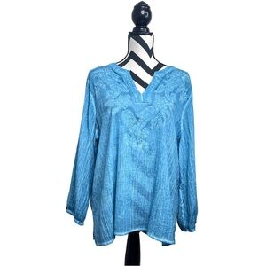 Chico's Embroidered 100% Cotton Gauze Sz 3 Boho Light-Weight Coastal Tunic Top